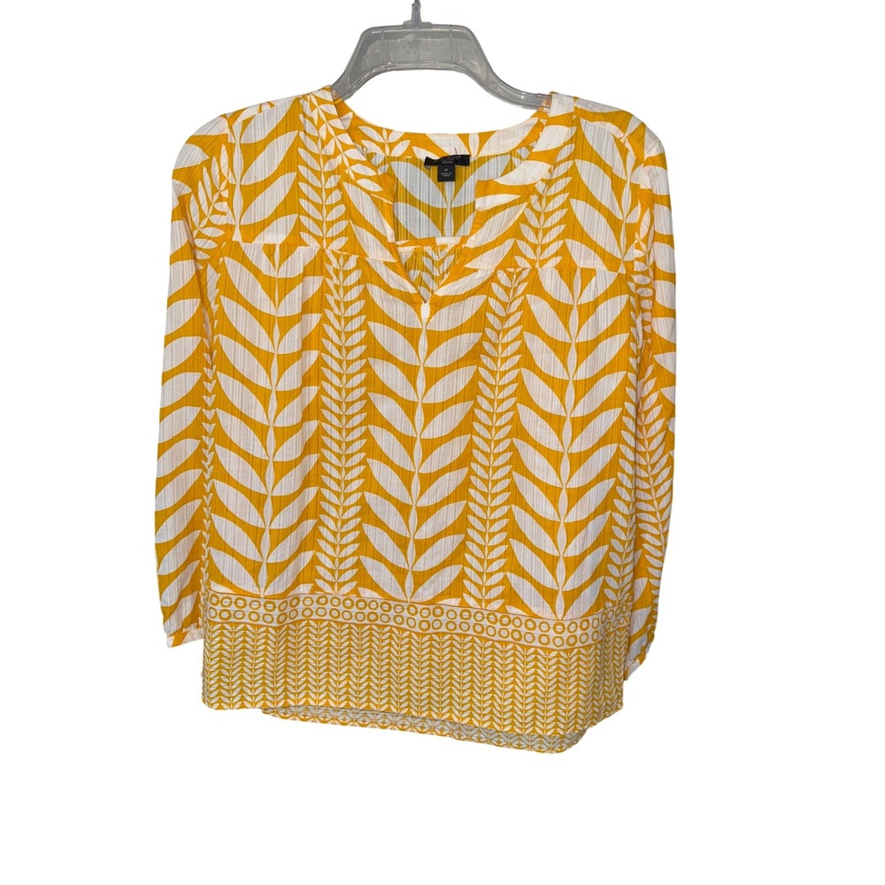 Ann Taylor Petite Leaf V Long Sleeve Light Cotton Yellow White size SP